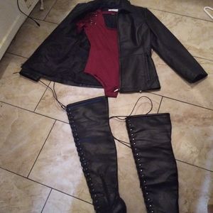 Leather jacket thigh highs  Boots linger